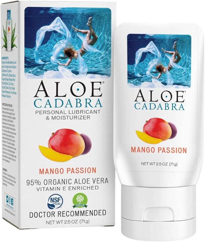 Aloe Cadabra Flavored Personal Lubricant and Vaginal Moisturizer, Organic Edible Aloe Lube for Men, Women and Couples, Non-Staining, pH Balanced, Toy Compatible (Mango Passion, 2.5 Ounces, 1 Pack)