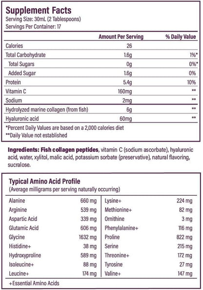 Bioavailable Liquid Marine Collagen Peptides Drink- Hyaluronic Acid & VIT C - Reduces Wrinkles - Thick Hair, Lashes, Brows, Nails - No Gluten, Dairy, Nut, Soy - Unflavored Sweet, 16.9 oz