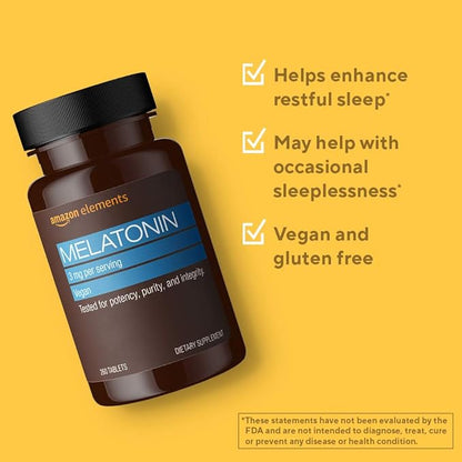 Amazon Elements Melatonin 3mg, Helps with Occasional sleeplessness, Vegan, Unflavored,8 Month Supply (Packaging May Vary) 260 Tablets, (Pack of 3)