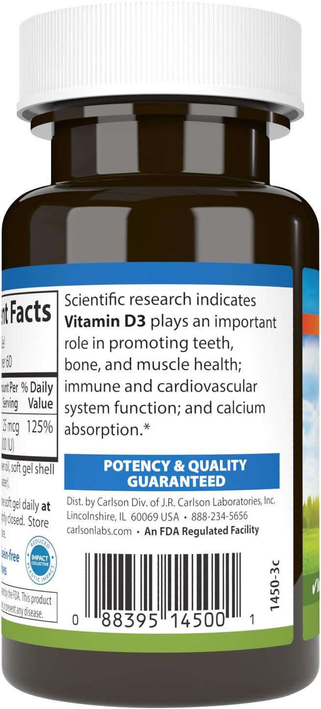 Carlson - Vitamin D3, 1000 IU (25 mcg), Bone Health, Muscle Health, Cholecalciferol, Vitamin D Supplements, Vitamin D3 Soft Gels, 60 Softgels