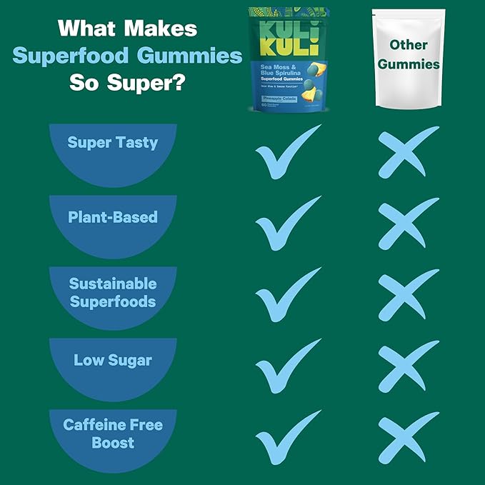 Kuli Kuli Sea Moss & Blue Spirulina Superfood Gummies - Pineapple Colada Flavor, 60 Count - Plant-Based Irish Sea Moss with Baobab & Vitamin C for Skin Glow, Immune Support & Collagen (1 Month Supply)