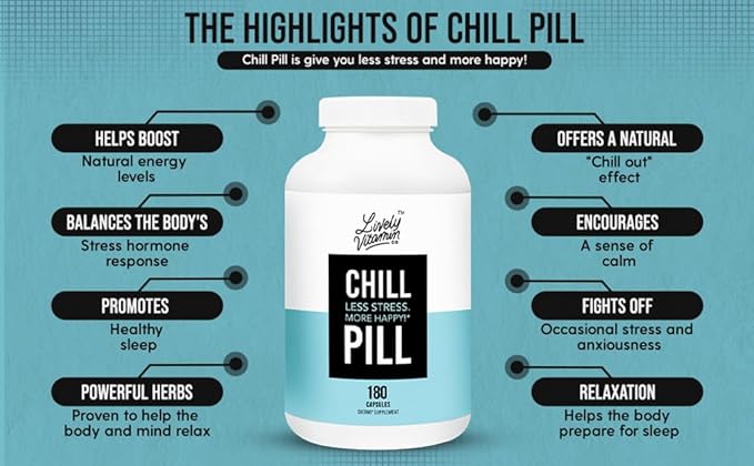 LIVELY VITAMIN CO. Chill Pill - Calm Mood - Relax - Restful Deep Sleep - REM - Stress - Anxiousness - Magnolia Bark - Chamomile - L-Theanine - Passionflower - 5-HTP - 90 Vegan Capsules