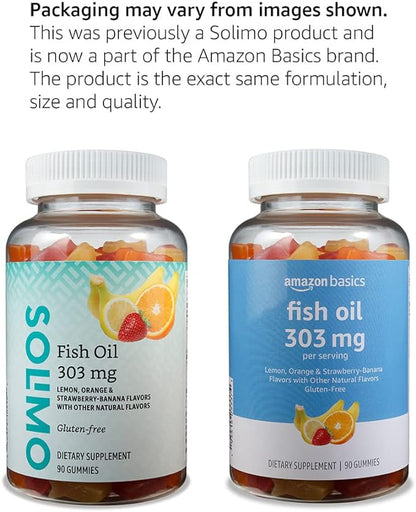 Amazon Basics Fish Oil 303 mg, Soft Chew Gummies, Lemon, Orange & Strawberry-Banana Flavors, 90 Count, EPA and DHA Omega-3 Fatty Acids (Previously Solimo)