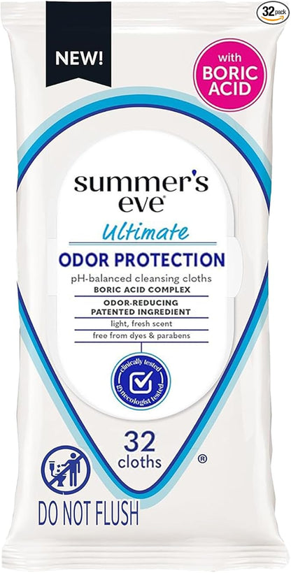 Summer's Eve Ultimate Odor Protection Daily Feminine Wipes, Gentle pH-Balanced Formula with Boric Acid Cleanses & Removes Vaginal Odor, Resealable Pack, 32 Body Wipes