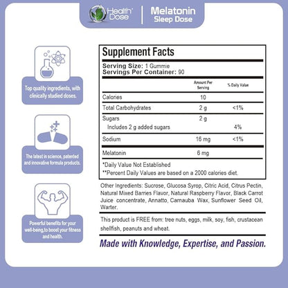 Health Dose Melatonin 6 mg Extra Strength Gummy, Pre-Bedtime Supplement for Restful Sleep, Adults, 90 Gummies, Mixed Berries Flavor Pack of 2.