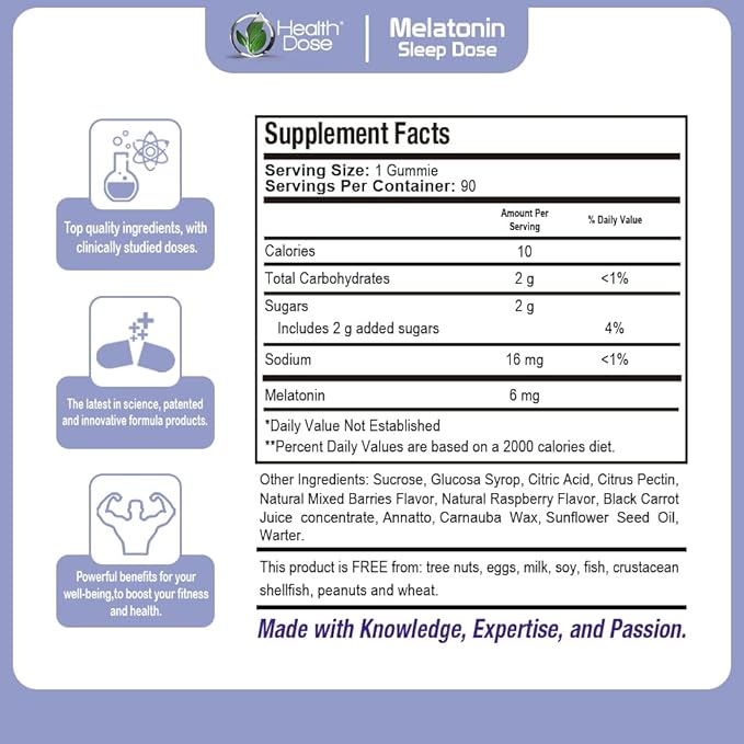 Health Dose Melatonin 6 mg Extra Strength Gummy, Pre-Bedtime Supplement for Restful Sleep, Adults, 90 Gummies, Three Month Supply, Mixed Berries Flavor.