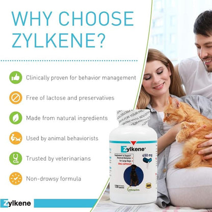 Vetoquinol Zylkene - Calming Support for Large Dogs 33132 lb - Supports Behavior & Occasional Anxiety - Perfect for Boarding, Vet Visits & Celebrations - Non-Drowsy & Lactose-Free - 120 Capsules