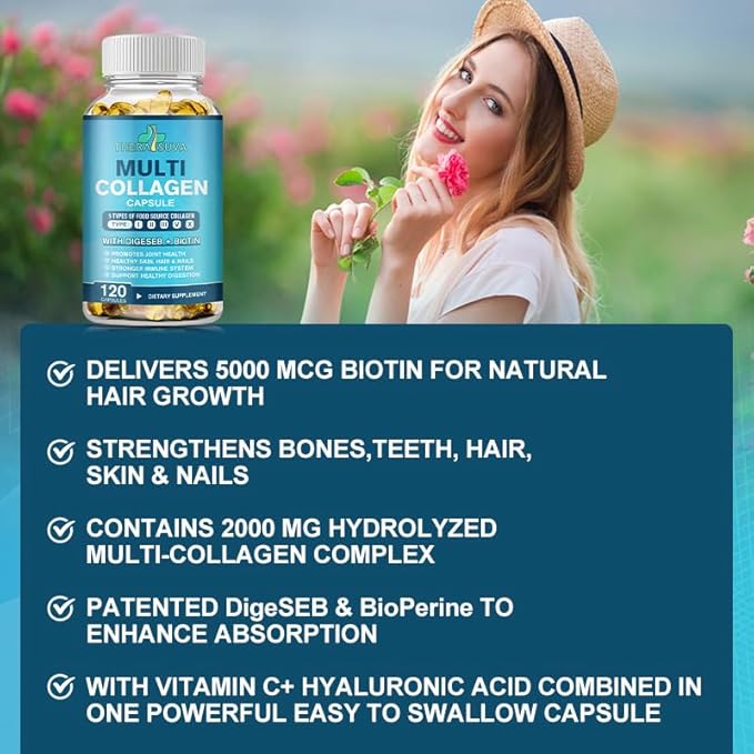 TheraSuva Multi-Collagen Complex + Biotin + Vitamin C – Types I, II, III, V & X – Natural Supplement for Hair, Skin, Nails & Joint Support, 2 Month Supply, 120 Softgels