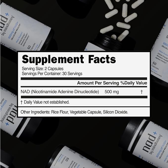 MINDHONEY | NAD+ Brain Supplement | 500mg NAD+ Premium Formula | Healthy Anti-Aging, Cellular Energy, Cognition, Metabolic Health, Heart + Muscle Support | Vegan, Non-GMO, Gluten-Free | 30 Servings