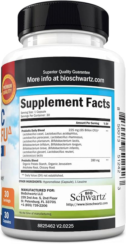 Probiotic 65 Billion - Probiotics with Prebiotic for Women & Men - Lactobacillus Acidophilus Digestive Health Capsules - Targeted Release Technology - Shelf Stable Supplement Non-GMO Dairy Free-30ct