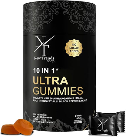Shilajit Gummies 10-in-1 Ultra Shilajit Gummies | 4000 mg Pure Shilajit, Tongkat Ali, Maca Root, 75% Fulvic Acid | Sugar-Free Vegan, 85+ Trace Minerals | 90 Pack