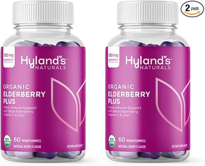 Hyland's Organic Elderberry Plus Gummies, Organic Black Elderberry with ZINC and Vitamin C, Immune Support Supplement for Adults, 60 Vegan Gummies (30 Days) (Pack of 2)
