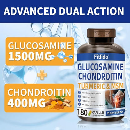 Glucosamine Chondroitin MSM and Turmeric Supplement - Used for Cartilage & Joint Health & Flexibility - for Women & Men - Non-GMO, Gluten Free, 180 Capsules