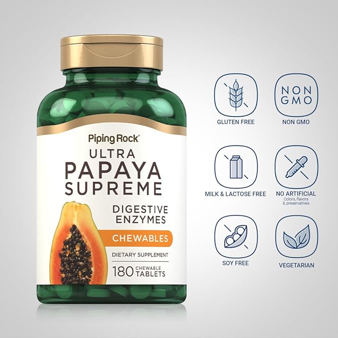 Piping Rock Papaya Digestive Enzymes Chewables | 180 Tablets | Supplement for Women and Men | Tropical Flavor | Vegetarian, Non-GMO, Gluten Free Formula