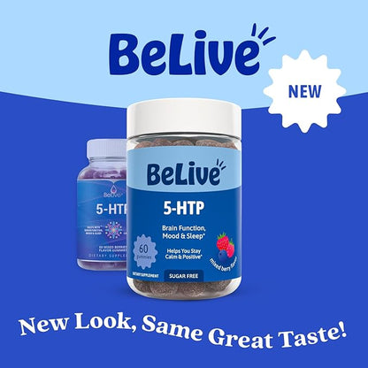 BeLive 5-HTP Gummies - 60 Ct I 5HTP Stress Relief Gummies for Better Sleep, Heightened Focus, Mood Booster & Stress Relief I Serotonin Booster for Adults, Vegan 5 HTP Supplement - Mixed Berries Flavor