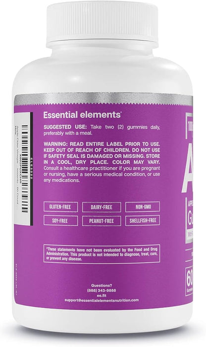 Essential Elements Apple Cider Vinegar Gummies from The Mother - Naturally-Sourced, Vegan ACV with Folic Acid and Vitamin B6 & B12 60 Count