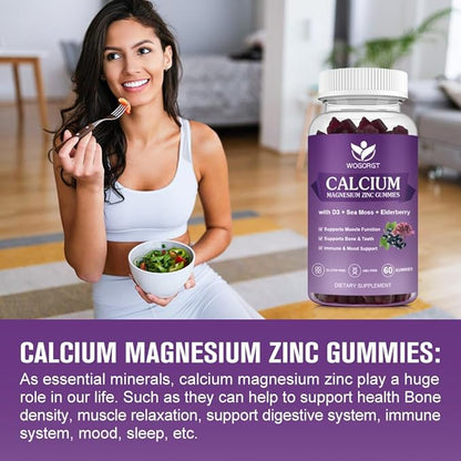 Calcium Magnesium Zinc Gummies with Vitamin D3 - High Absorption Complex Calcium Supplement with Sea Moss, Elderberry for Bone, Muscles, Immune, Mood & Sleep Support, Vegan - 60 Gummies (3 Pack)