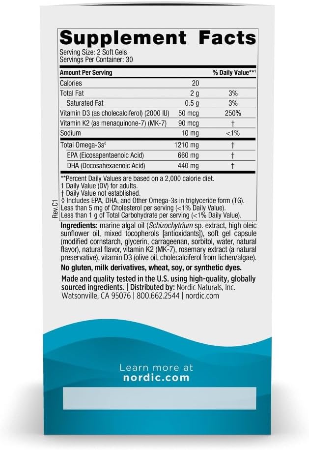 Nordic Naturals Ultimate Omega Plant Based Vitamin with Vitamin D3+K2-60 Vegetarian Soft Gels - 1210 mg Omega-3s Plus 2000 IU D3 and 90 mcg K2 - Promotes Brain Health - Non GMO - 30 Servings