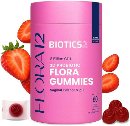 Flora Vaginal Probiotics for Women pH Balance Gummies with Prebiotics 8x Billion Probiotics 5x Extracts Saw Palmetto, Dong Quai, Motherwort, Wild Kelp & Yam | Vegan Sugar-Free Gluten-Free, 60 Ct