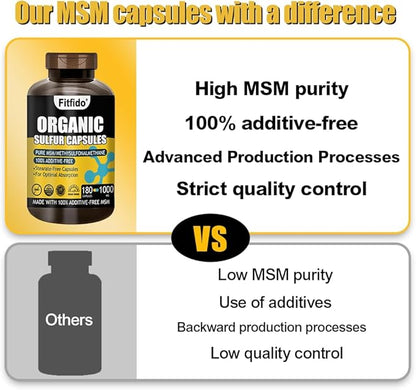 MSM Capsules 1000mg - Organic Sulfur Supplement for Joint Health, Functional Wellness, Hair, Skin & Nails, Non-GMO, Gluten Free, 180 Capsules