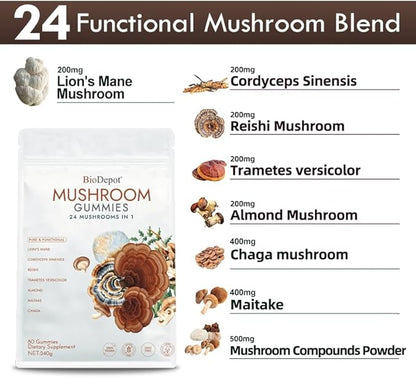 Super Mega Mushroom Gummies 24 in 1 Daily Mushroom Supplement Support for Memory, Focus & Energy, Host Immune Defense with Lions Mane, Reishi, Chaga, Turkey Tail, Citrus Flavor, 120 Gummie