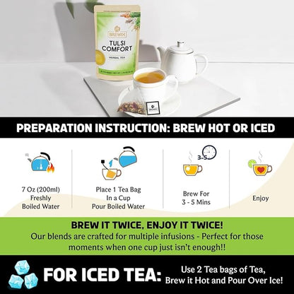 BREWIX, Tulsi Holy Basil Tea Bags (25 Pyramid Bags) | Tulsi Leaves | Holy Basil & Chamomile | Caffeine Free | Herbal Tea Bags | Calming, Fresh and Cool Flavor
