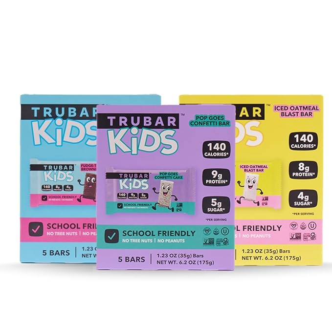 TRUBAR Kids Protein Bars, Snack Pack Variety Box, Plant Based Protein, Gluten Free School-Friendly Snacks for Lunchboxes, Tree Nut and Peanut Free, Low Sugar, Healthy On the Go Snack Bars, 15 Count