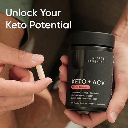 Sports Research® Keto Plus ACV Capsules - Diet Support with 500mg of Apple Cider Vinegar & 1500mg goBHB® Exogenous Ketones - Gluten Free & Keto Certified - 120 Veggie Capsules