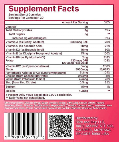 Hair Skin and Nails Gummies, 5000 mcg Biotin with Vitamins A, C, D2 & E, B-Complex, Zinc & Iodine, Hair Skin and Nails Vitamins for Women & Men, Supports Hair Growth, Nails, Glowing Skin - 60 Gummies