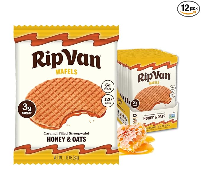 Rip Van Wafels Honey and Oats Stroopwafels, Healthy Snacks, Non-GMO, Keto Friendly, Office Snacks, Low Sugar (3g), Low Calorie, 12 Pack