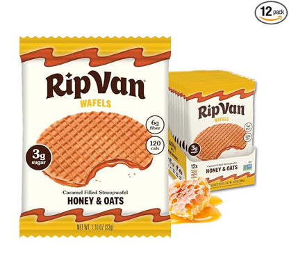 Rip Van Wafels Honey and Oats Stroopwafels, Healthy Snacks, Non-GMO, Keto Friendly, Office Snacks, Low Sugar (3g), Low Calorie, 12 Pack