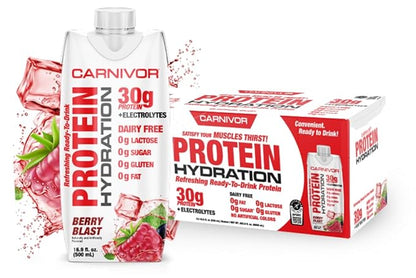 MuscleMeds Carnivor Protein Hydration RTD, Ready to Drink, Lactose Free, Sugar Free, 30g Isolate Protein, Halal Certified, Berry Blast, 16.9 Fl Oz (Pack of 12)