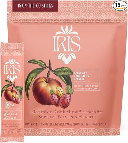 Iris Women’s Hormonal Health Daily Electrolyte Drink Mix | High Fiber, Essential B Vitamins for Mood Support | 40:1 Myo & D‑Chiro Inositol | Peach Prickly Pear, 15 Hydration Powder Packets