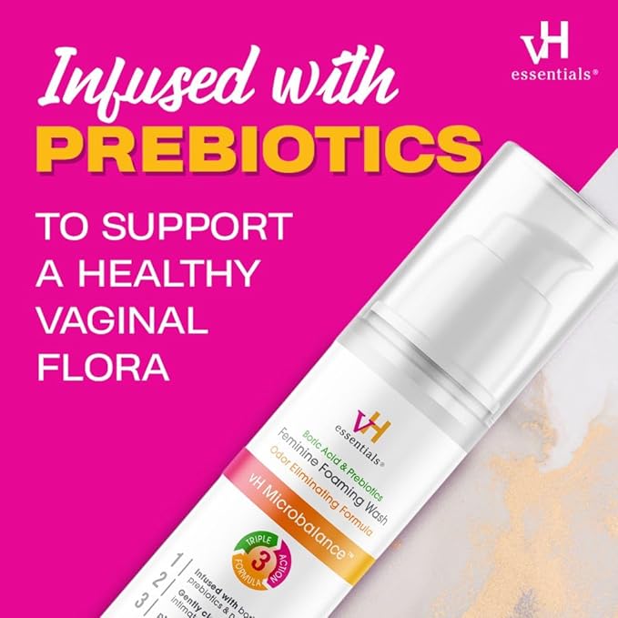vH essentials Feminine Foaming Wash with Boric Acid and Prebiotics, Odor Eliminating pH-Balanced Daily Cleanser with Lavender and Chamomile, 5 fl oz (Pack of 2)