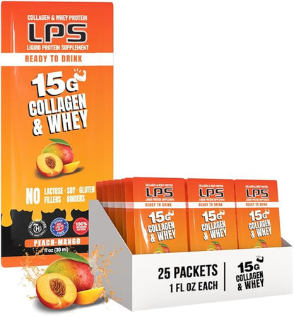Nutritional Designs LPS Liquid Collagen & Whey Protein Supplement - Non-GMO Drink, Sugar-Free - Promotes Healthy Skin & Hair for Men & Women, Peach Mango, Single Serve (25 Packets)