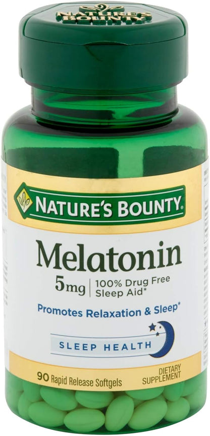 Melatonin by Nature's Bounty, 100% Drug Free Sleep Aid, Dietary Supplement, Promotes Relaxation and Sleep Health, 5mg, 90 Rapid Release Softgels