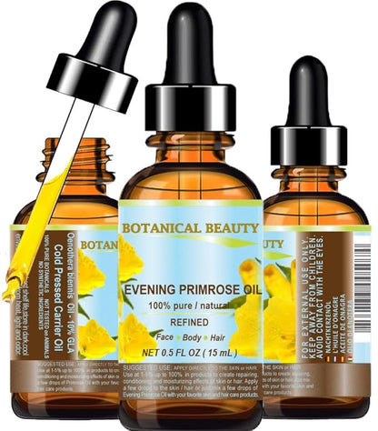 Botanical Beauty EVENING PRIMROSE OIL 100% Pure Natural Undiluted Unrefined Virgin Cold Pressed Carrier Oil. 0.5 Fl.oz.- 15 ml for face, skin, hair, nails. Rich in essential fatty acids GLA