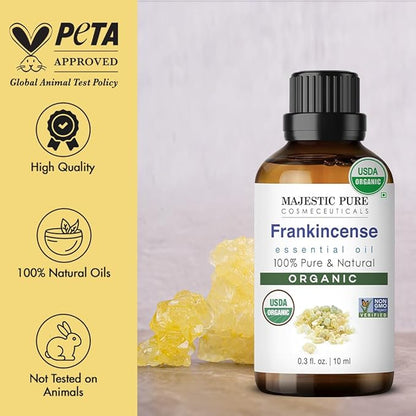 Majestic Pure Organic Frankincense Essential Oil - 100% Pure Frankincense Oil for Pain Relief, Skin Care, Hair Care & Aromatherapy, Premium Grade for Diffuser & Oil Diffuser - 0.3 fl oz