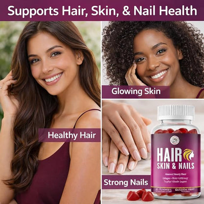 Grab The Gold Hair Skin & Nails Vitamins for Women | Gummies with 6000mcg Biotin & Collagen | 10 Essential Vitamin & Minerals | Gluten-Free, Non-GMO, Passion Fruit Flavor | 1 Month Supply, Made in USA