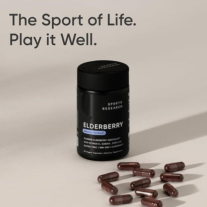 Sports Research® Elderberry Immune Support with Zinc, Ginger, Vitamin C & D3 - Vegan Friendly · Non-GMO · Gluten Free - 60 Veggie Capsules