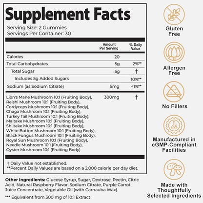 Auri Nutrition Super Mushroom Daily Gummies – All-in-One Functional Gummy with 12 Mushroom Blend Including Lion’s Mane, Reishi, Chaga & Cordyceps – 60 Gummies