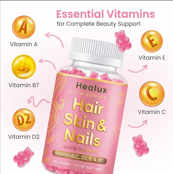 Hair Skin and Nails Gummies, 5000 mcg Biotin with Vitamins A, C, D2 & E, B-Complex, Zinc & Iodine, Hair Skin and Nails Vitamins for Women & Men, Supports Hair Growth, Nails, Glowing Skin - 60 Gummies