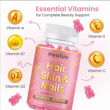 Hair Skin and Nails Gummies, 5000 mcg Biotin with Vitamins A, C, D2 & E, B-Complex, Zinc & Iodine, Hair Skin and Nails Vitamins for Women & Men, Supports Hair Growth, Nails, Glowing Skin - 60 Gummies