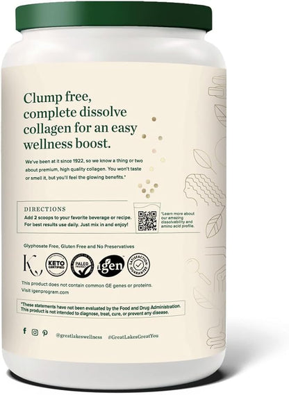 Great Lakes Wellness Collagen Peptides Powder – Supports Skin, Hair, Nails, Joints & Digestion – Hydrolyzed, Quick Dissolve, Non-GMO, Keto & Kosher – Pure Collagen Protein (32 oz, 45 Servings)