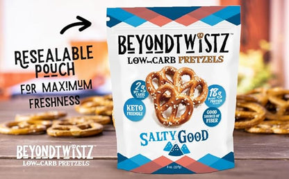 BeyondTwistz Low Carb Pretzels, Cheezy Street, Keto Friendly, 2g Net Carbs, 18g Protein, Powered By HealthSense® High Fiber Wheat Flour, Family Size 8oz Bag, Pack of 3