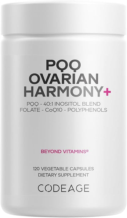 Codeage PQQ Ovarian Harmony+ Supplement - PQQ (Pyrroloquinoline Quinone), Myo-Inositol & D-Chiro-Inositol 40:1 Blend, Folate 5-MTHF, CoQ10, Wild Blueberry - Liposomal Delivery - Non-GMO - 120 Capsules