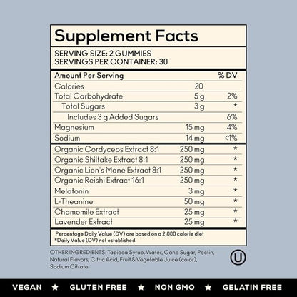 TrueMushroom - Sleep Support Mushroom Gummy Supplement with Melatonin for Sleep and Relaxation with Lion’s Mane, Cordyceps, Reishi, Shiitake. All-Natural, BlackBerry Flavor Gummies (60 Count)
