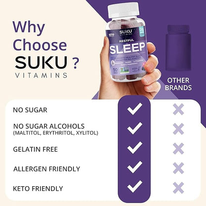 SUKU Restful Sleep Gummies – 3 mg Melatonin, L-Theanine & GABA – Vegan, Sugar-Free Chewable for Relaxation & Natural Sleep Support – BlackBerry-Hibiscus Flavor – Non-GMO, Gluten-Free – 50 Count