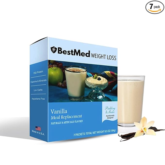 BestMed Weight Loss® | Vanilla | Protein Shake Mix, Gluten Free, KETO Friendly, 100 Calorie, Low Carb, Vitamin Fortified, Meal Replacement, Aspartame Free 7/Box