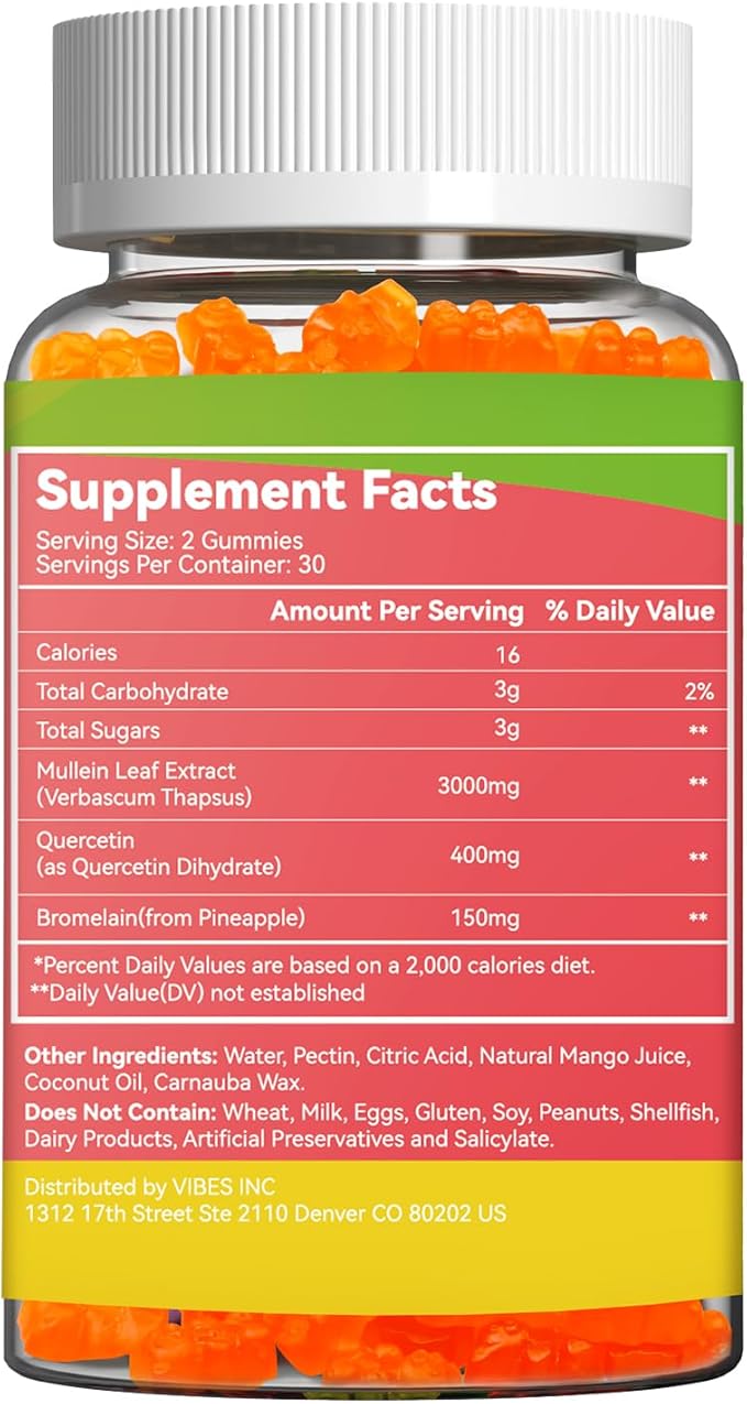 3000MG Mullein Gummies, Extra Strength Mullein Leaf Extract with Quercetin, Bromelain for Lung Detox & Immune Support, Mango Flavor, 60 Count